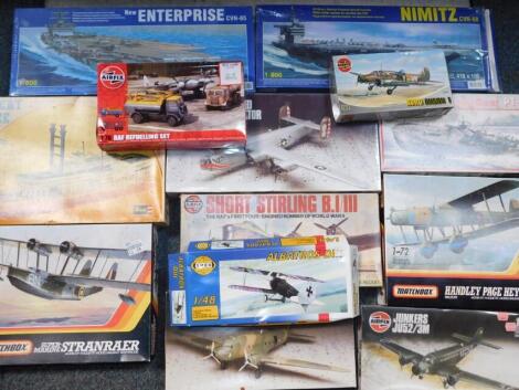 Airfix, Matchbox and other model kits, 1:72 and 1:76 scale models, includng a Handley Page Heyford PK-605, USS Nimitz, Stranraer flying boat, Airfix Short Sterling 1/72 model kit 06002 etc., some boxed (a quantity).