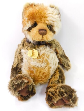 A Charlie Bears plush jointed teddy bear, Jayden, CB61485A, with bell, necklace and labels, 43cm high..