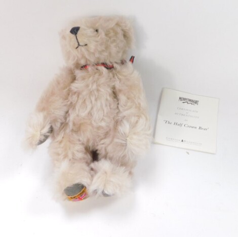 A Merrythought The Half Crown teddy bear, limited edition No. 82/450, plush jointed with tartan bow, labelled under foot pad, 28cm high, partially boxed with certificate.