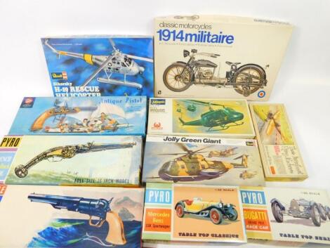 Revell Sikorsky model kits etc., including an H19 helicopter, Hasegawa Bell Uh-1d Iroquois helicopter Jolly Green Giant, 194 motorcycle, a Pyro C225-150 French wheel lock pistol, another antique pistol, a Mercedes Benz and a Bugatti race car etc. (a quant
