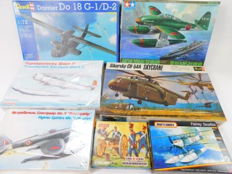 Airfix Revell and other model kits, including a Sikorsky Ch-54A sky crane 1:72 scale, Tamiya, Aichi M6A1 Seiran Dornier DO18 G-1-D-2 1:72 scale etc., boxed. (a quantity)