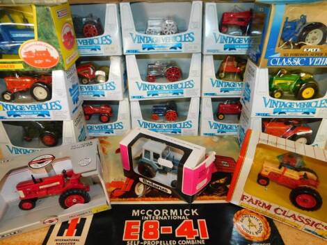 Ertl die cast vintage tractors, including a Massey Harris 44, English Fordson, Alios, Chalmers model C, a Belarus boxed tractor, Lonestar Emmerdale Farm farm machinery Ford, boxed, and a McCormick combine model book brochure etc. (a quantity)