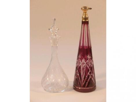 A tall cut amethyst cased glass atomiser scent flask