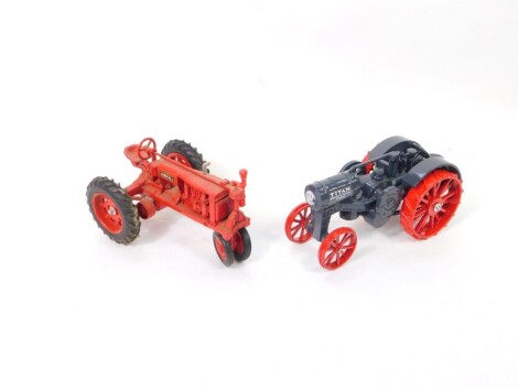 An Ertl type Titan International Harvester Company tractor, and a Farmall McCormick Deering F-20 tractor, (2).