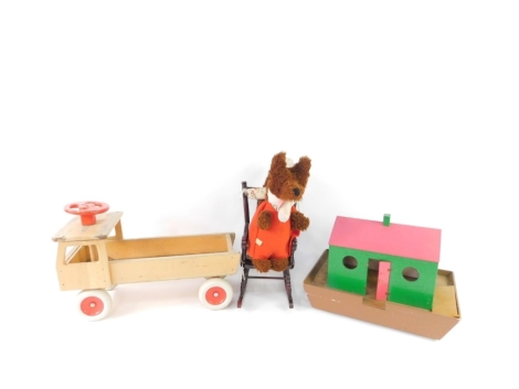 A child's wooden push-a-long truck, with articulated steering wheel and wheels, 31cm high, together with a wooden ark, rocking Windsor doll's chair, and a Wendy Boston Basil Brush soft toy. (4)