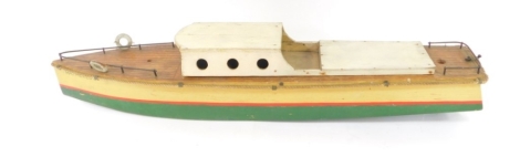 A wooden model of the Hatherlow boat, named and partially painted cream, red and green, 95cm wide.