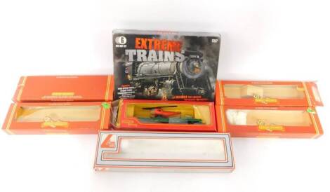 Hornby 00 gauge boxes for coaches, another Lima 305658W box, a Triang R128 operation helicopter cab, partially boxed and an Extreme Trains DVD box set (a quantity)