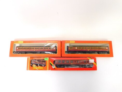 Hornby OO-gauge coaches, LMS R434 brake third coach, LMS R747 1st/3rd, another, an LMS R468 four wheel coach, all boxed. (4)