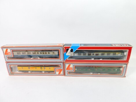 Lima OO-gauge coaches, comprising a 1305035 W Intercity W16084 coach, W43671 and S33472 and a Theakston Breweries Bridge Street coach 309053W, boxed. (4)