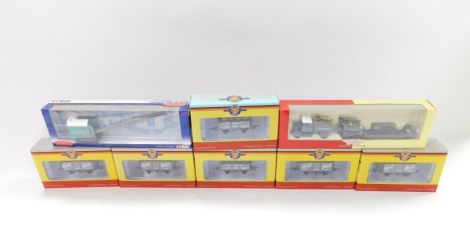 Oxford Rail OO-gauge rolling stock, including MTM Taragrant 443 Granite, Bass Beer trucks, Sa Skale boxed Pickfords truck and a Corgi trackside crane, boxed. (8)