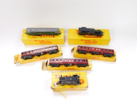 Tri-ang TT-gauge models, comprising locomotive 6157, electric locomotive, tank loco with black livery and three coaches. (6)