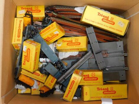 Tri-ang and other TT-gauge rolling stock, various track, flatbed trucks, etc., boxed. (a quantity)