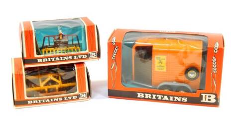 Three die cast Britains farm models, comprising double horse box No 9562, cultivator herse No 5961, and buck rake No 9543, all boxed.