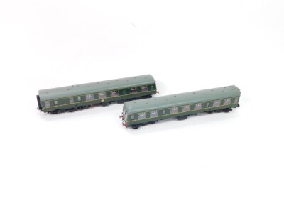 Two Bachmann OO gauge coaches, British Rail green livery, E56412 and E51254.