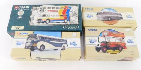 A Corgi Classics diecast model of a greyhound Lines yellow coach, 7453, 9462, Thornycroft bus general, 96989, RM560 Stagecoach Aec Routemaster 35008, and a Burlingham Seagull Woods 97170, all boxed. (4)