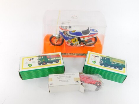 A Guitoy model of a Honda Freddie GP motorcycle, ref 13413, boxed, together with two Corgi diecast AEC 508 Ford control five tonne cab over lorries, and a Matchbox Brooke Bond van, all boxed. (4)