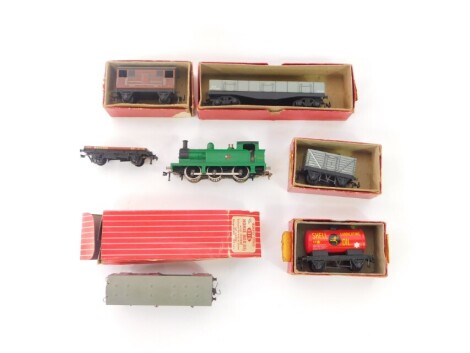 A Hornby OO-gauge tank locomotive, British Rail green livery, 31340, Hornby horsebox, lacking horse, 4315, boxed, further flatbed wagon, and three Trix Twin Railway wagons, comprising a high sided coal wagon 637, high capacity Bogie 676 and a shell tank w