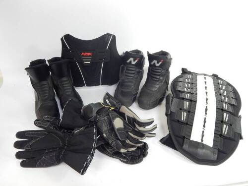 Men's and women's motorcycle clothing, to include ARMR lady's jacket and trousers, leather boots, gloves, reflective vest, etc. (qty)