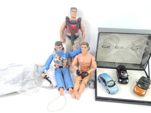 Three Action Man figures, and a Norev Citroen 3 die cast car model set, of 2CV and CV3 Pluriel three model set. (4)