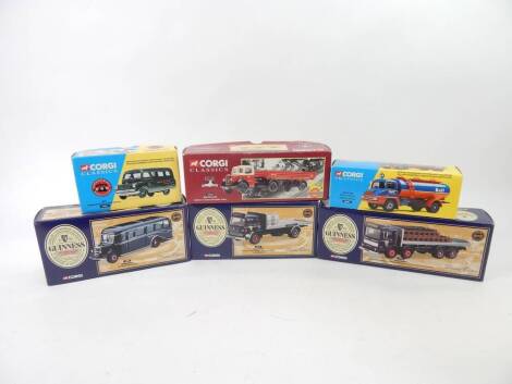 Three Corgi Guiness diecast vehicles, comprising a Bedford TK four wheel platform lorry, with barrels, Bedford OB coach and a Leyland eight wheel platform lorry with bottle crates, together with a Corgi Classics Gulf Oil Thames Trader elliptical tanker, 3