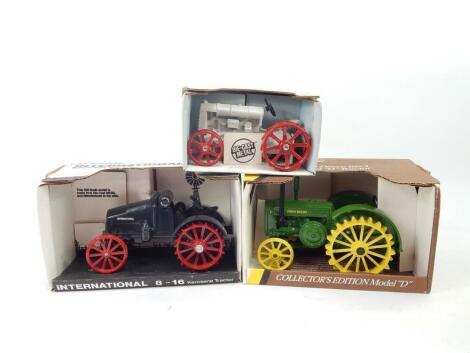 An Ertl International 8-16 Kerosene tractor, scale 1/16, John Deere Collector's Model 'D', scale 1/16, and a Fordson tractor, scale 1/16, boxed. (3)