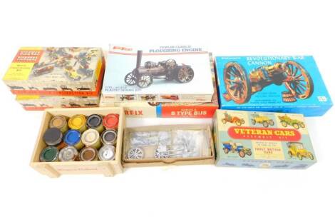 Airfix model kits, Highway Pioneers and other modelling kits, including Western Cars Assembly kits, early British cars, Highway Pioneers quick construction kit, an Airfix 1910 B type bus Old Bill, a Palmer's revolutionary war cannon, Keil Craft Fowler plo