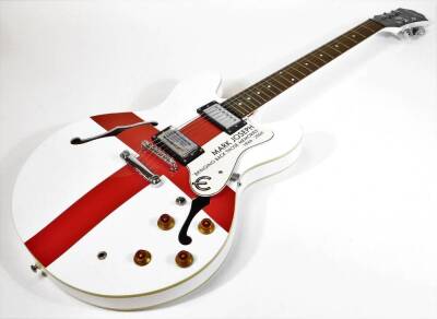 An Epiphone Dot 335 style semi-acoustic guitar, having twin humbucker pickups, with English flag decoration, dot marker fret inlays.