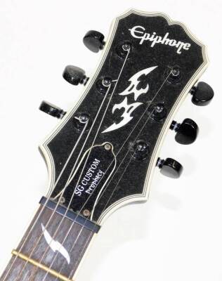 An Epiphone custom SG Prophecy model, in flamed black body, with twin Seymour Duncan humbuckers, decorative mother of pearl style inlays and original hard shell case. - 5