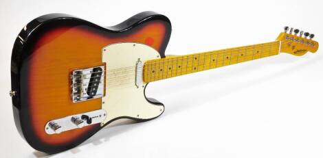 A J M Forest telecaster style guitar, in three colour sunburst, having twin single coil pickups, maple neck and black markers.