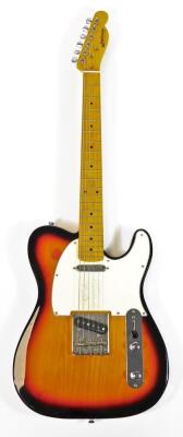 A J M Forest telecaster style guitar, in three colour sunburst, having twin single coil pickups, maple neck and black markers. - 2