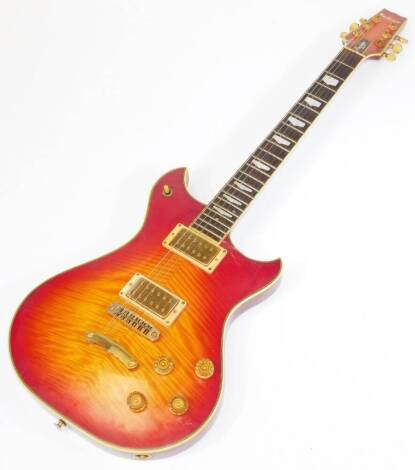 A Westone Prestige 250 electric guitar, in sunburst finish, with flame two piece maple body, with neck and body binding, twin humbuckers and reverse trapezoid inlaid makers.