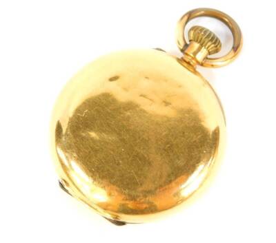 A late 19thC ladies half hunter pocket watch, bezel wind, in a yellow metal case stamped 18K. - 2