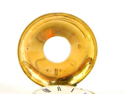 A late 19thC ladies half hunter pocket watch, bezel wind, in a yellow metal case stamped 18K. - 4