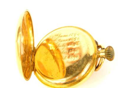 A late 19thC ladies half hunter pocket watch, bezel wind, in a yellow metal case stamped 18K. - 5