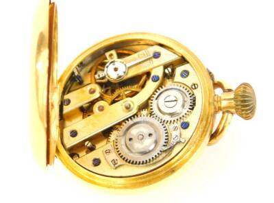 A late 19thC ladies half hunter pocket watch, bezel wind, in a yellow metal case stamped 18K. - 7