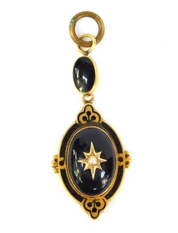 A Victorian double drop memorial pendant, with black enamel on gilt metal decoration, set with black cabochon stones and seed pearl, 4cm high, 3.8g all in.