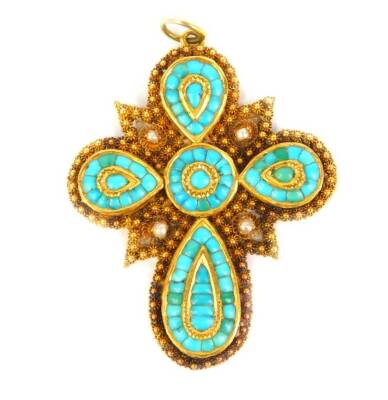 A late 19th/early 20thC Indian pendant, set with pear shape and circular boteh, set with turquoise stones, set in yellow metal with filigree work and seed pearls, 5cm high, 14.1g all in.