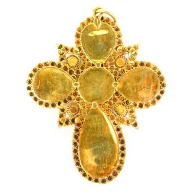 A late 19th/early 20thC Indian pendant, set with pear shape and circular boteh, set with turquoise stones, set in yellow metal with filigree work and seed pearls, 5cm high, 14.1g all in. - 2