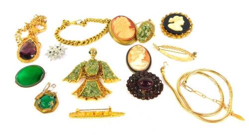 A selection of costume jewellery, including cameo brooches, jade coloured ring, flat curb bracelet, bird pendant necklace, etc.