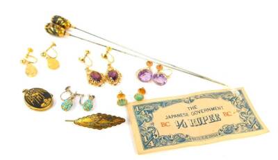 Various earrings, including amethyst and turquoise set, Japanese oval locket and hat pins, etc.