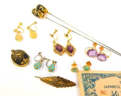 Various earrings, including amethyst and turquoise set, Japanese oval locket and hat pins, etc. - 2