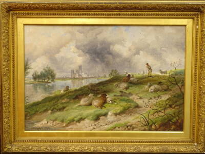 Thomas George Cooper (1836-1901). Canterbury Cathedral from Stour meadows with shepherd and sheep in the foreground, oil on canvas, signed and dated 1893, 59.5cm x 90cm. - 2