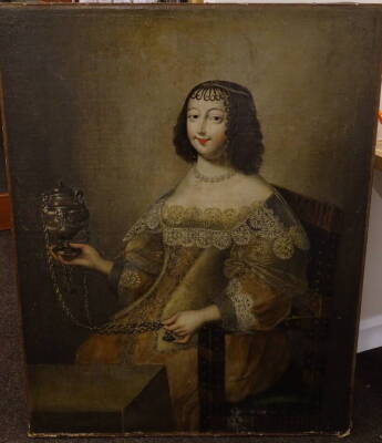 17thC Continental School. Portrait of a lady holding a censer, oil on canvas, 114cm x 90cm. - 2