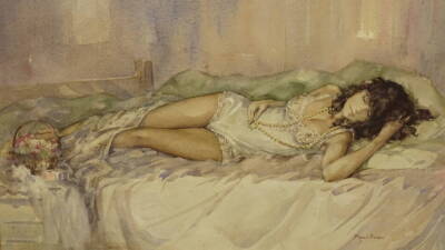 •Francis A. Boxall (20thC). Verity reclining, watercolour, signed and inscribed verso, Verity, 36cm x 54cm.