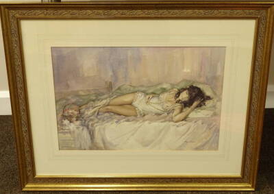 •Francis A. Boxall (20thC). Verity reclining, watercolour, signed and inscribed verso, Verity, 36cm x 54cm. - 2