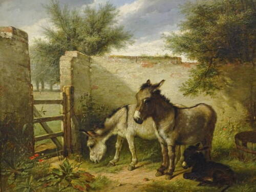 Walter Hunt (1861-1941). A family of donkeys, oil on canvas, signed and dated (18)83, 44.5cm x 59.5cm.