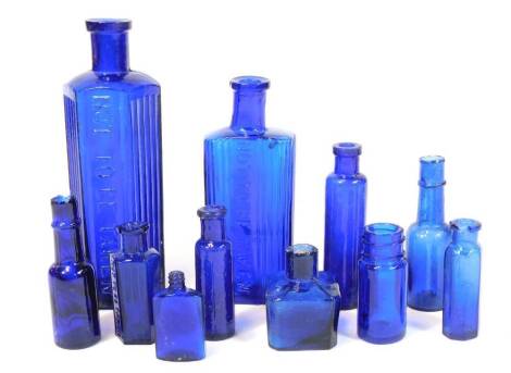 Various blue glass bottles, poison bottles, etc., Not To Be Taken grooved bottle, 18cn high, ink bottles, etc. (a quantity)