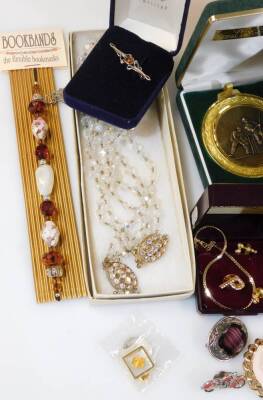 Various costume jewellery and effects, a costume brooch of shaped floral form with plain pin back, 5cm wide, a gold plated gate bracelet, various other costume jewellery, the Fell Cup Final Umpire medallion 1996, various other costume brooches, gold fille - 4