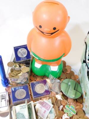 Various coins bank notes, etc. various GB used, European coins, pre decimal, decimal, Jersey one pound, low denomination, various powder compacts, to include one with cameo style top, 10cm diameter, teething ring, various other costume jewellery and effec - 5