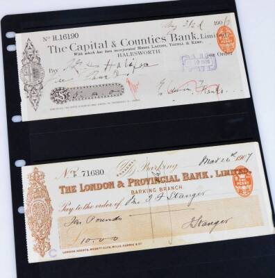 A 20thC cheque for the Capital & Counties Bank Ltd Halesworth, another for the London & Provincial Bank, partially handwritten, an early 19thC Nottinghamshire Bank cheque 7th September 1827 and another Nottingham 21st June 1852. (4) - 2